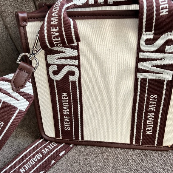 NWT Steve Madden Bwebber Coffee Brown satchel canvas tote bag crossbody strap - Picture 4 of 8